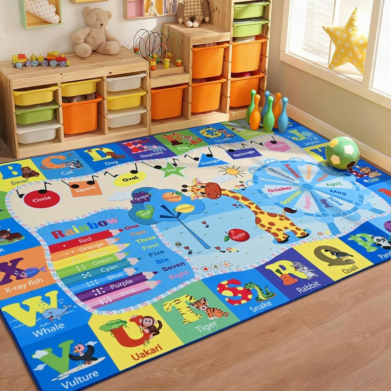 B BENRON Kids Rugs for Playroom Washable, Educational and Fun Learning Rugs with ABC Alphabet Animals Shapes, Baby Toddler Children's Play Mat for Bedroom Classroom Nursery, 5x7 Feet, Blue - Image 1